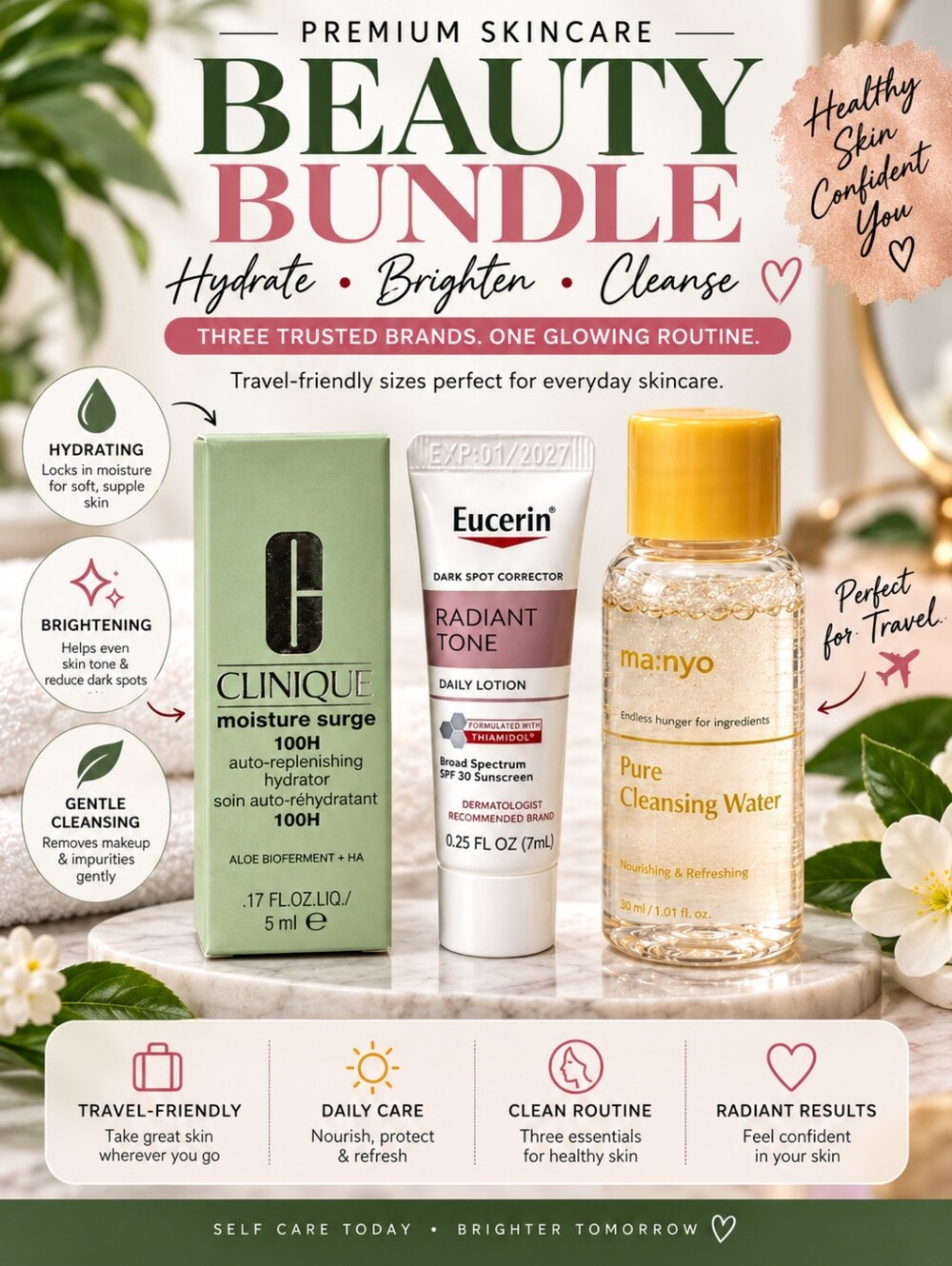 Clinique Moisture Surge 100H + Eucerin Radiant Tone SPF 30 + ma:nyo Pure Cleansi
